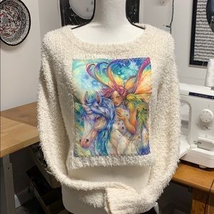 Pullover fuzzy sweater with unicorn & faerie